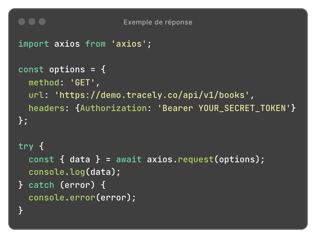Exemple de code pour l'utilisation de l'API Tracely