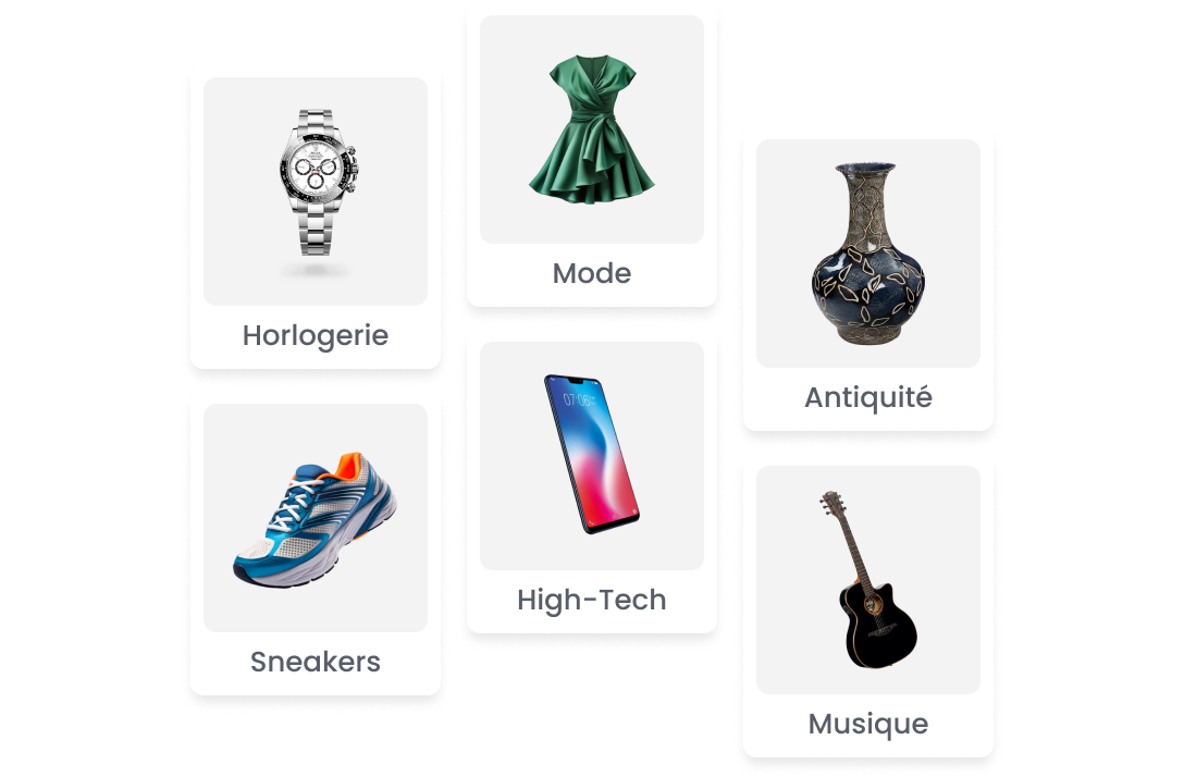 Image de produits du domaine objet, une sneakers, une montre, un vase antique, une guitare, un smartphone, une robe.